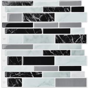 LONGKING 10-Sheet Peel and Stick Tile Backsplash, Vinyl 3D Self-Adhesive Tile Stickers for Kitchen, Bathroom, Counter Top, Marble 79