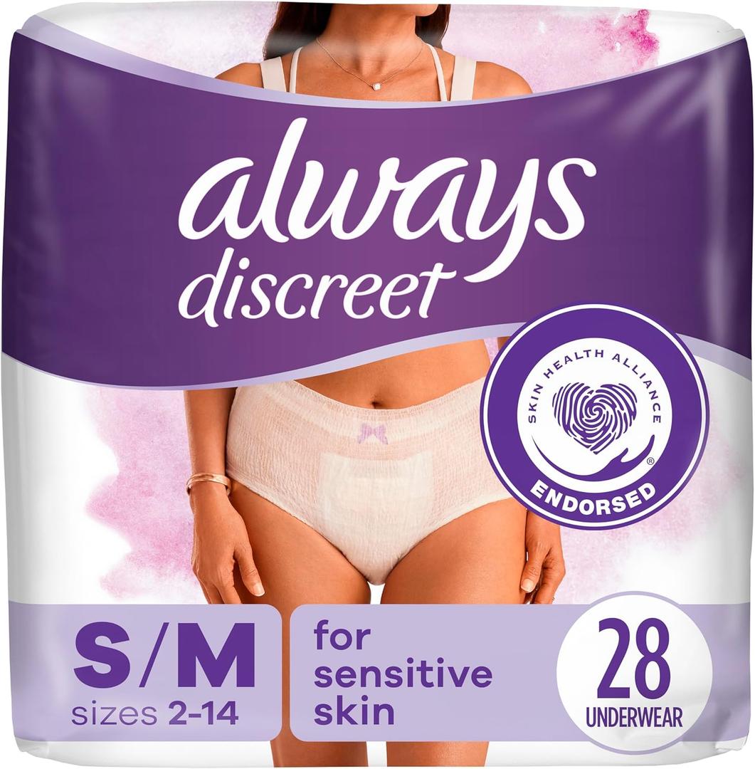 Always Discreet for Sensitive Skin Underwear, Four Times Skin Protection, Dermatologically Tested, Fragrance-Free, Maximum Absorbency, Small/Medium, 28 Count
