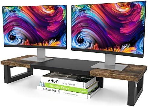WESTREE Dual Monitor Stand Riser, Wood and Steel Monitor Stand Riser, Computer Monitor Stand for 2 Monitors, Multi-Purpose Desktop Storage Stand for Computer,Laptop,Printer,TV