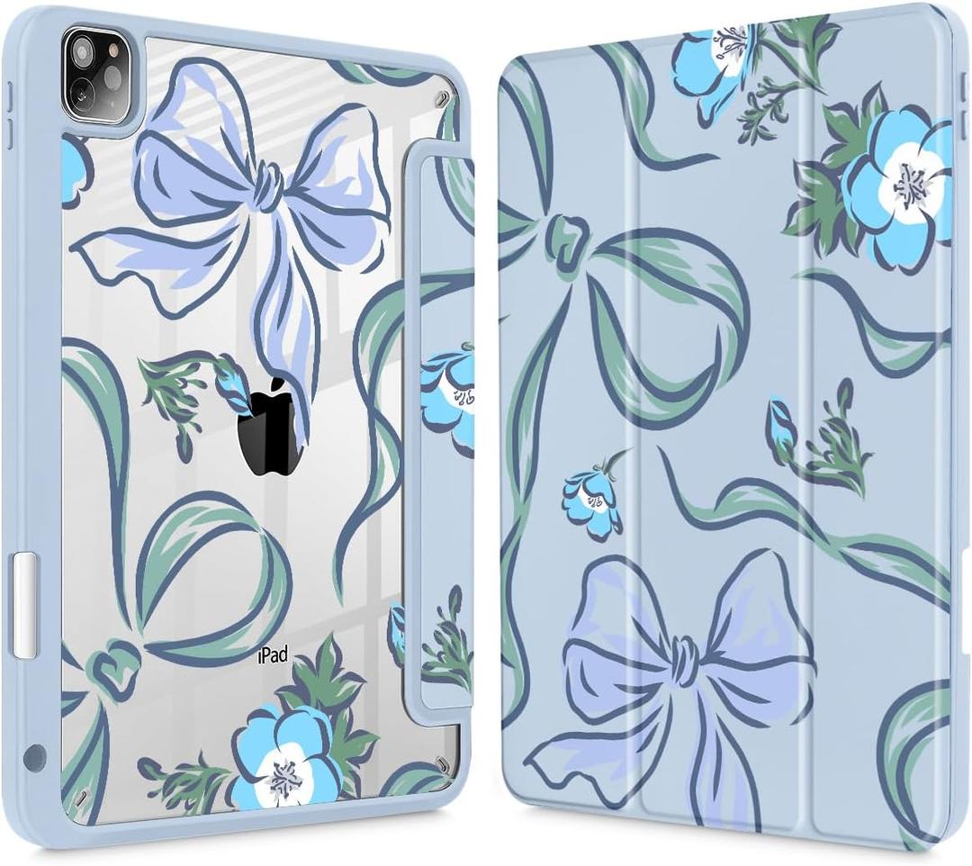 Mektron Case for iPad Pro 11 inch (4th, 3rd, 2nd & 1st Gen) 2022 2021 2020 2018, Buit in Pencil Holder with Shockproof Cover Clear Shell + Trifold Stand + Auto Wake/Sleep, Bows C355