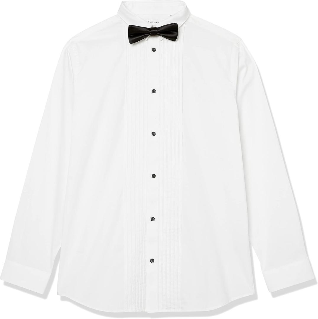 Calvin Klein boys Long Sleeve Tuxedo Dress Shirt With Bow Tie, Button-down Style With Classic Pleated Bib, Includes Matching Hanky (White)