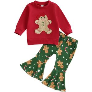 Toddler Baby Girl Christmas Outfit Gingerbread Candy Cane Sweatshirt Bell Bottom Pants Set, 12-18 Months
