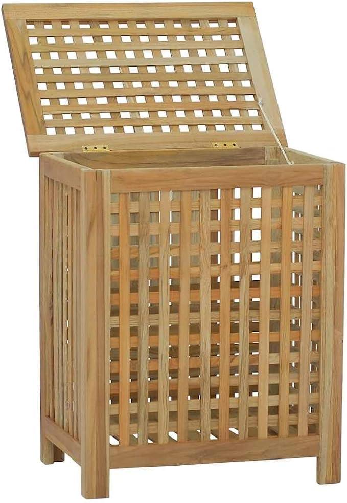 Solid Teak Wood Laundry Hamper 50 x 35 x 60 cm Square Laundry Basket with Lid Modern Grid Design Save Space in Bathroom or Bedroom