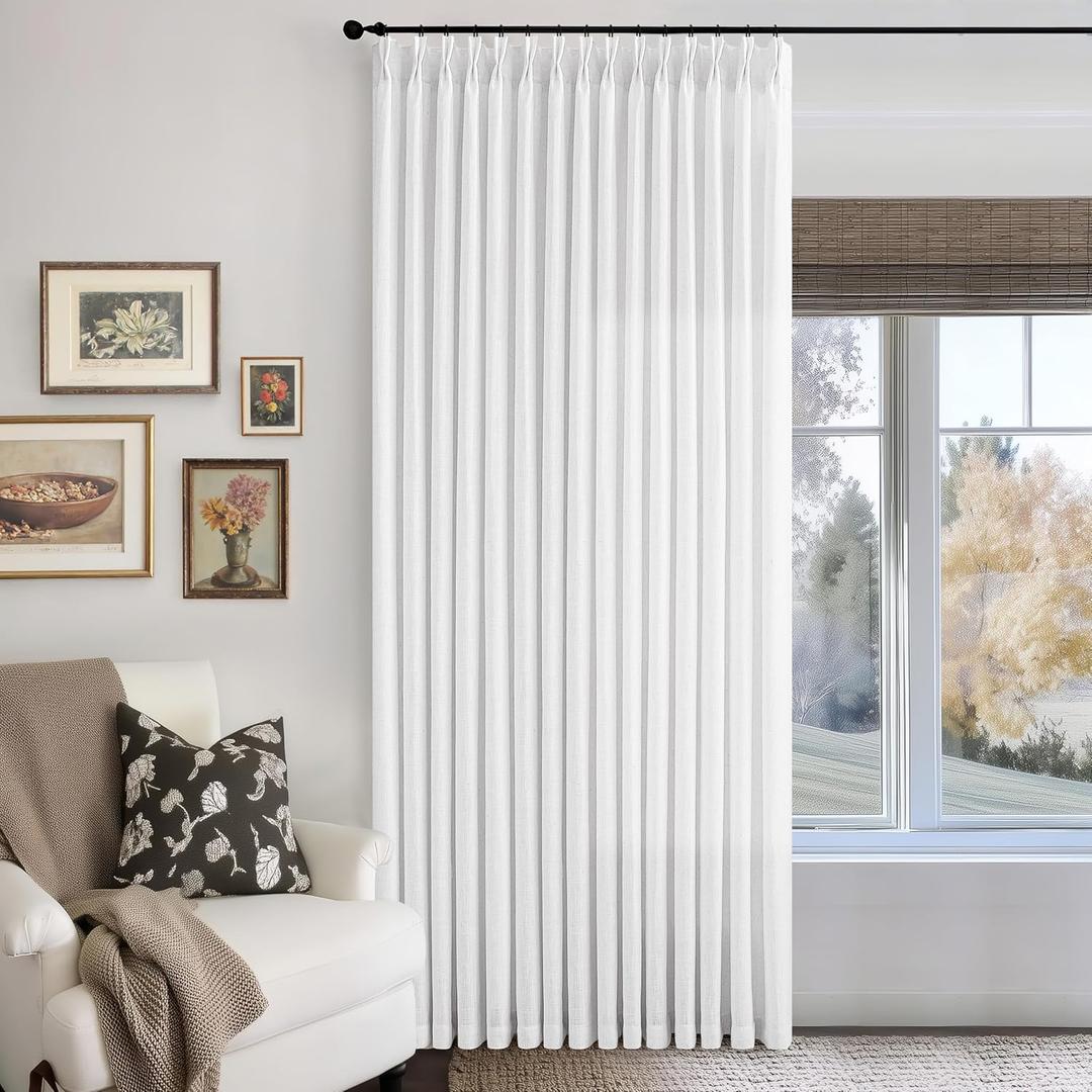 Extra Wide Pinch Pleated Linen Curtains 84 Inches Long 100 Inch Width for Living Room Bedroom Light Filtering Semi Sheer Pleat White Window Curtain Boho Pinch Pleated Drape Hooks Rings 1 Panel 100x84
