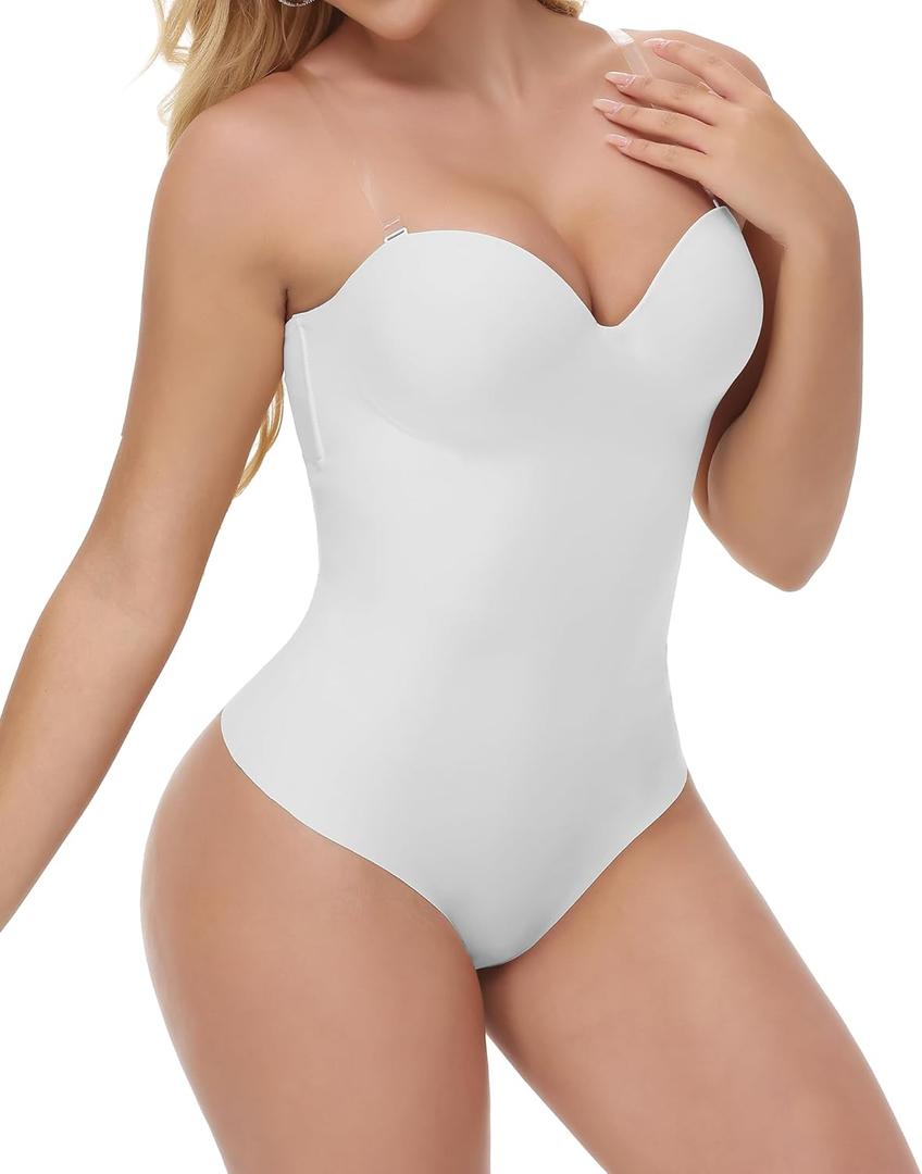 Thong Shapewear Bodysuit for Women Faja Body Shaper Seamless Tummy Control Bodysuit with Built In Bra (Medium, White)