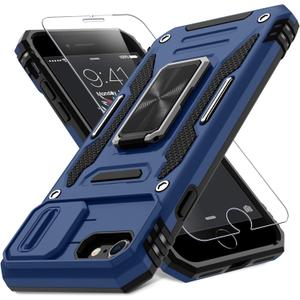 DEERLAMN Case for iPhone SE 2022/2020,for iPhone 8/7 with Slide Camera Cover + Screen Protector, Rotated Ring Kickstand Military Grade Shockproof Protective Cover 4.7 Inch-Navy Blue, 2 Pack