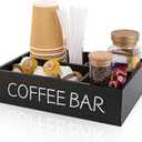 Coffee Bar Organizer  Wooden Coffee Station with 4 Compartments, Removable Dividers, and Condiment Storage for Home & Office (Black)