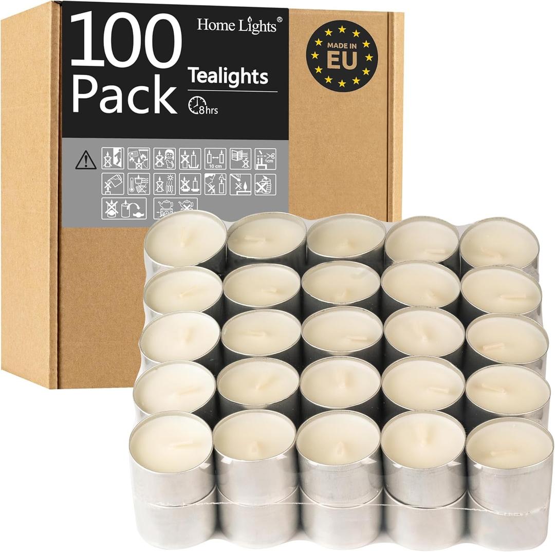 HomeLights Unscented Tealight Candles - 100 Pack, 8hr Smokeless White Votive Candles for Shabbat, Weddings, Home Decor