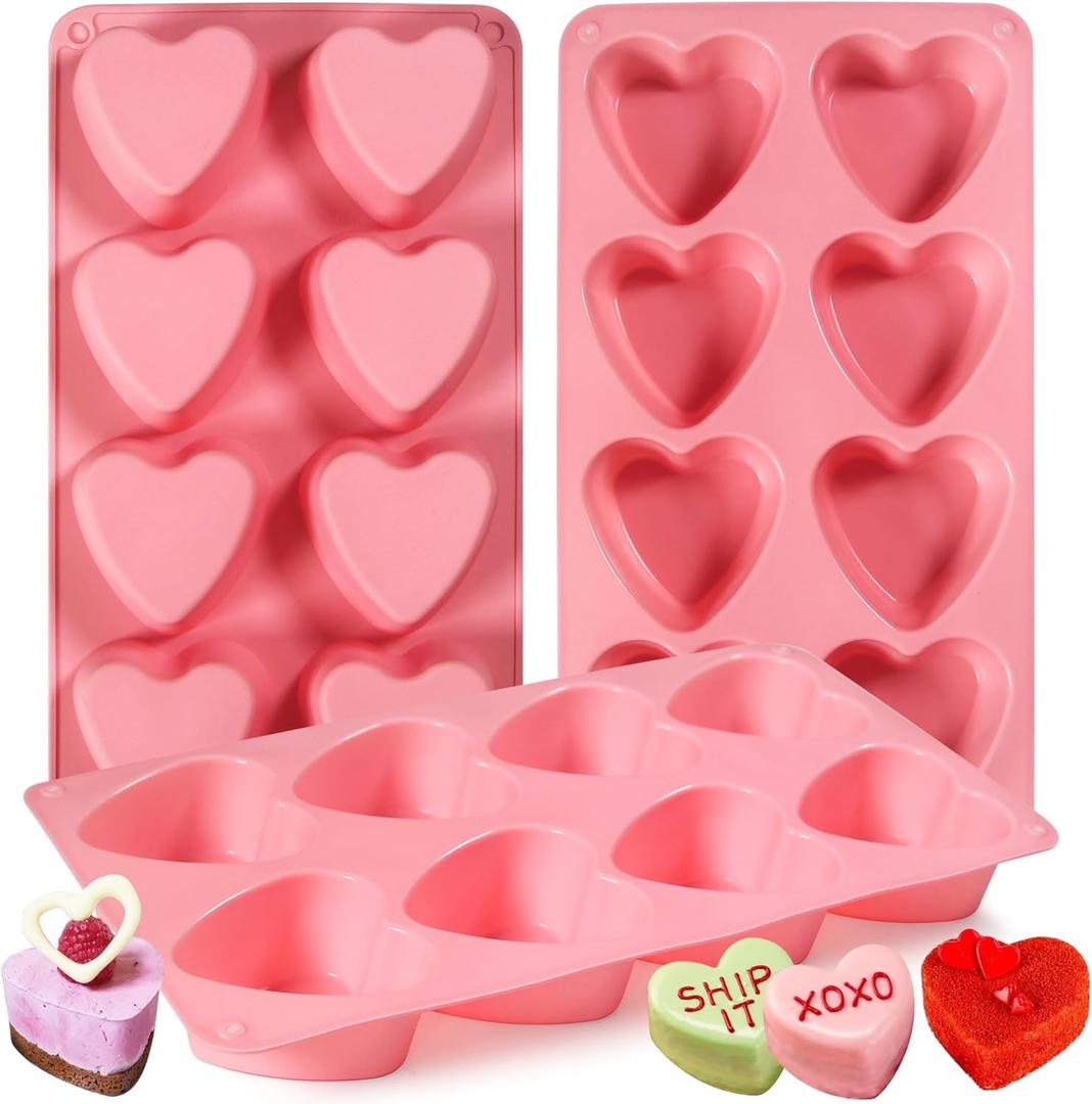 Sidosir 3Pcs Large Heart Shaped Muffin Pan Silicone Mold, 8-Cavity Chocolate Cover Molds for Valentine's Day Mini Cake, Jelly Pudding, Handmade Soap