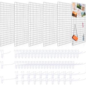 Hicarer 6 Pcs Commercial Grade Gridwall Panels for Display, Heavy Duty Wire Grid Wall Display Rack Metal Wall Mount Grid with 60 White Hooks for Retail Display Home Storage Vendor Events(2 x 4 ft)