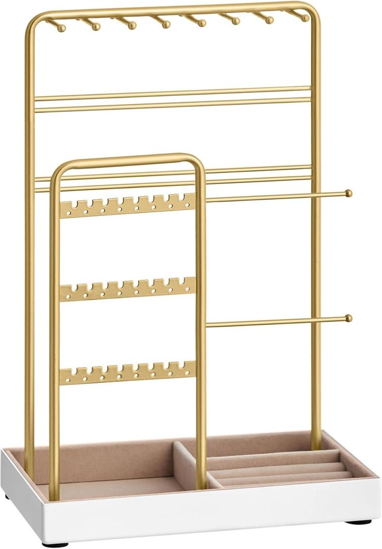 SONGMICS Jewelry Holder, Jewelry Organizer, Jewelry Display Stand with Metal Frame, Velvet Tray, Necklace Earring Bracelet Holder, for Studs, Rings, Gift Idea, Pale Gold UJJS021A01 (4.5"D x 7.7"W x 12.1"H)