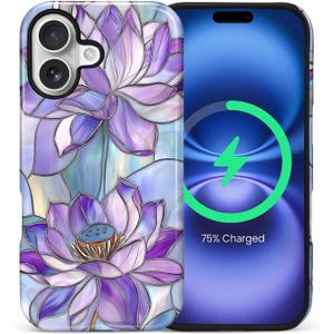 for iPhone 17 Case for Women Girl Men Boy, Compatible with MagSafe, Shockproof Soft Silicone & Hard PC Shell Protective Case for iPhone 17 - Stained Glass-Style Lotus Flowers