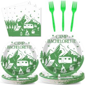 100 PCS Camp Bachelorette Party Supplies Tableware Set Mountain Camp Bachelorette Party Decorations Favors Paper Plates Napkins Forks for Girls Bridal Shower Wedding Engagement Serves 25 Guests