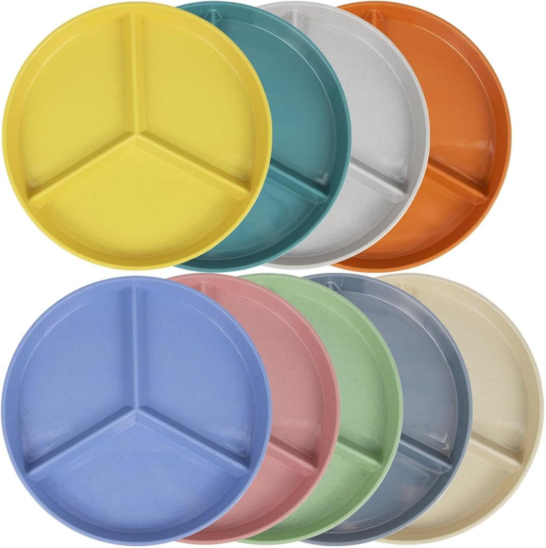 Divided Plates Set, Wheat Straw Portion Control Plate, Reusable Round Divided Plates for Adults, Lightweight Bariatric Plate with Compartments (Round-Set of 9)