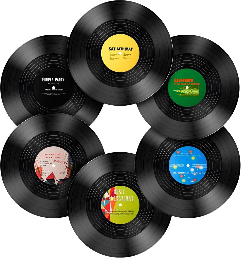 Mersoco Blank Records Decor 6 Pack, Vintage 12 Inch Replica Vinyl Fake LP Records for Wall Aesthetic Decor and Home Room Studio Crafts Music Party Display(Plain Black with 12 Individual Stickers)