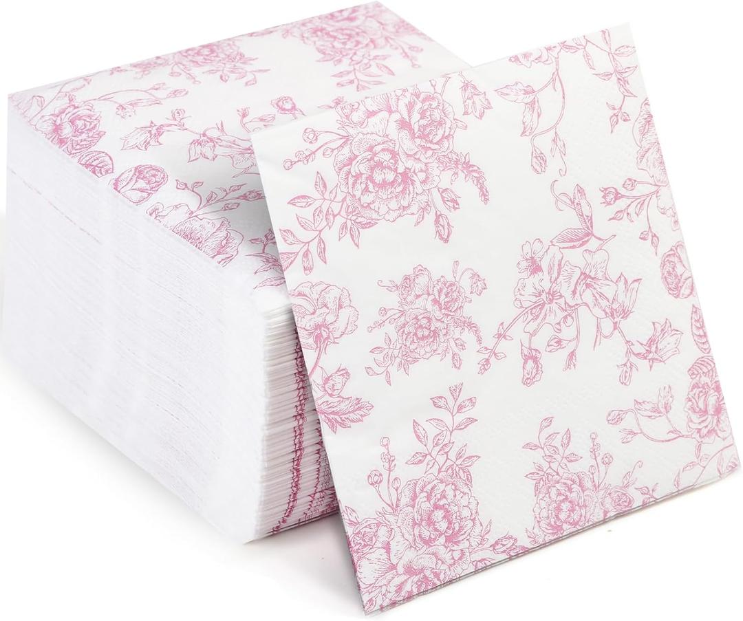 100 Pack Pink Floral Cocktail Napkins, Guest Hand Towels Disposable for Bathroom, Floral Paper Napkins for Bridal and Baby Shower, Tea Party, Garden Party, Birthday Party