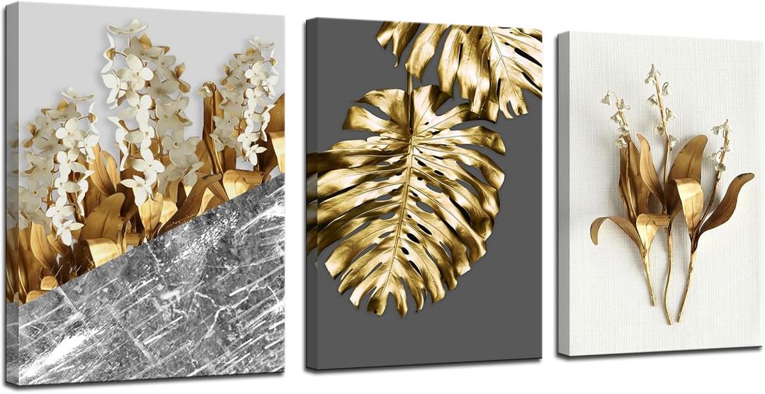 Biuteawal 3 Piece Grey Gold Wall Art White Flower Gold Leaf Canvas Painting Floral Picture Art Prints Mininalist Plant Botanical Artwork Home Bathroom Office Bedroom Decor Framed Ready to Hang