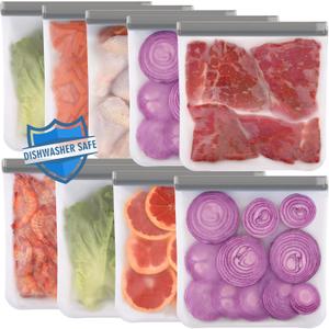 Lerine 9 Pack Reusable Gallon Freezer Bags Dishwasher Safe, BPA Free Reusable freezer Bags 1 Gallon, Extra Thick Leakproof Food Storage Bags for Meal Prep, Fridge Kitchen Organization (Gray)