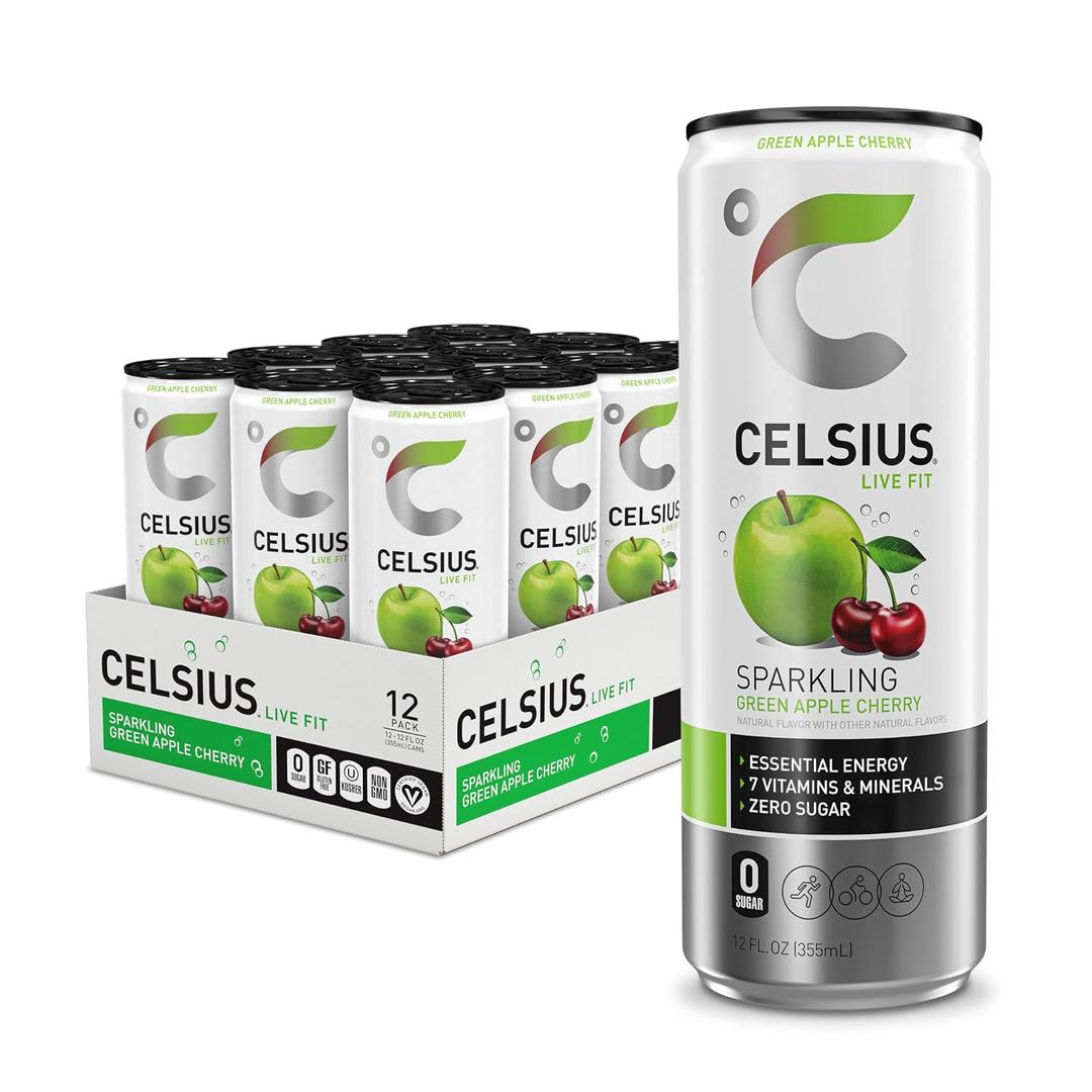 CELSIUS Sparkling Green Apple Cherry, Sugar Free Energy Drink, 12 Fl Oz (Pack of 12) (EXP 06/30/27)