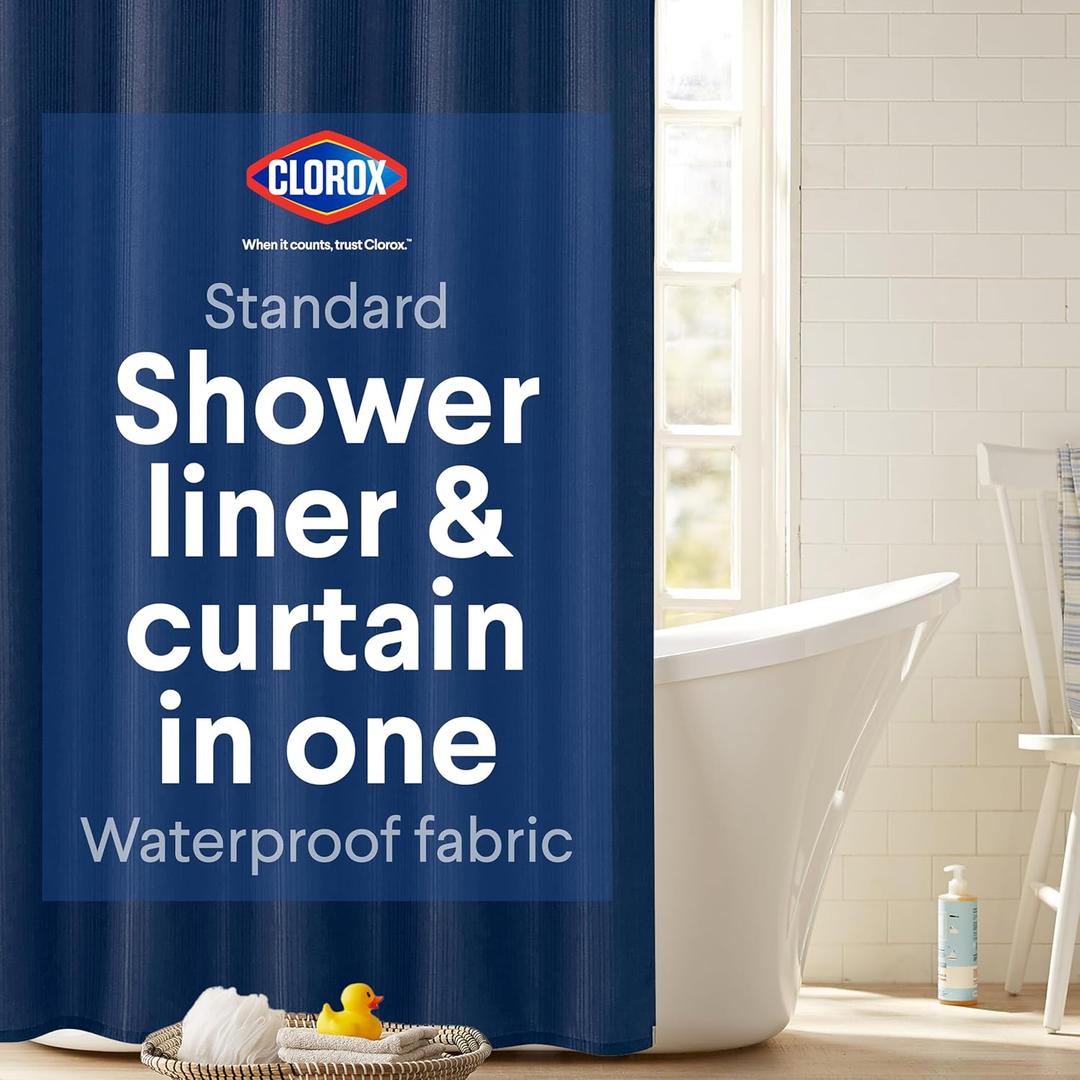 Clorox 2-in-1 Bathroom Shower Curtain Liner, Durable Fabric, Weighted Magnets for Bath Water Control, Washable Premium Quality, Modern - 72" x 72" Blue