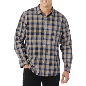 Amazon Essentials Men's Long-Sleeve Regular-Fit Stretch Poplin Shirt (Gold/Navy, Check), Small