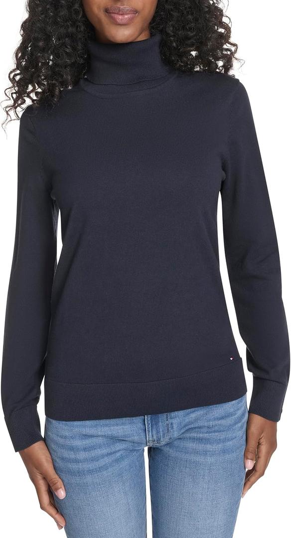 Tommy Hilfiger Womens Cotton Lightweight Turtleneck Sweater (Large, Sky Captain)