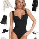 Popilush Bodysuits for Women Tummy Control Henley Going Out Outfits Shirts Body Suits Thong Button Down Tank Tops (Black, XL)