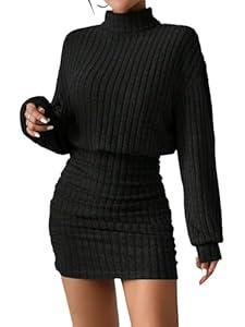Women's Pullover Sweater Dress Long Lantern Sleeve Turtle Neck Cute Ribbed Knit Bodycon Mini Short Dress 2025 Fall (Black)