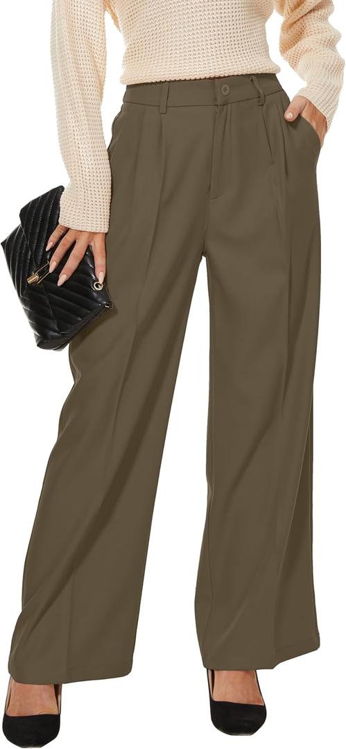 Women Wide Leg High Waist Wide Leg Pants Loose Fit Back Elastic Waist Pleated Front Trousers for Work Casual (Medium, Black Coffee (Thick))