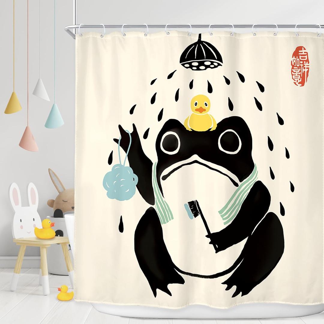 LGhtyro Funny Frog Shower Curtain Bathroom Set 71Wx78H Inches Asian Style Traditional Japanese Art Rubber Duck Cute Animal Retro Bath Accessories Retro Black Beige Art Home Decor Fabric 12 Pack Hooks