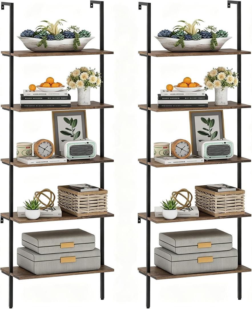 Wolawu 5 Tiers Ladder Shelf 2-Piece Black Modern Tall Bookshelf Open Large Tall Wall Mount Storage Bookcase Standing Leaning Wall Shelves Industrial Decorative (Brown)