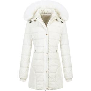 Chrisuno Women's Warm Winter Coat Velvet Puffer Jacket Quilted Faux Fur Hood (Large, Cream White)