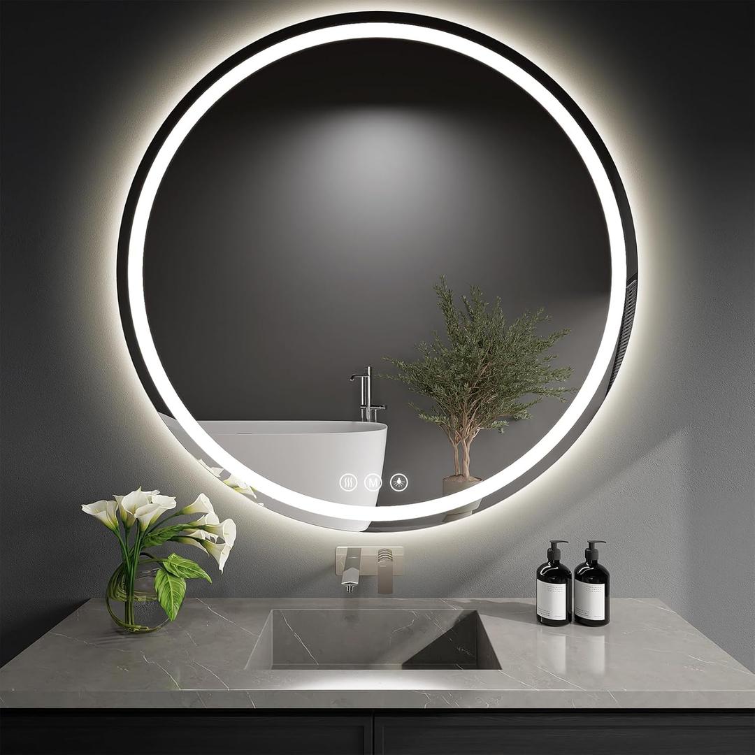LED Bathroom Mirror 40 Inch Round Bathroom Mirror with Lights, Circle LED Mirror, Wall Mounted Lighted Bathroom with 3 Colors Brightness, Anti-Fog, Dimmable, Shatter-Proof