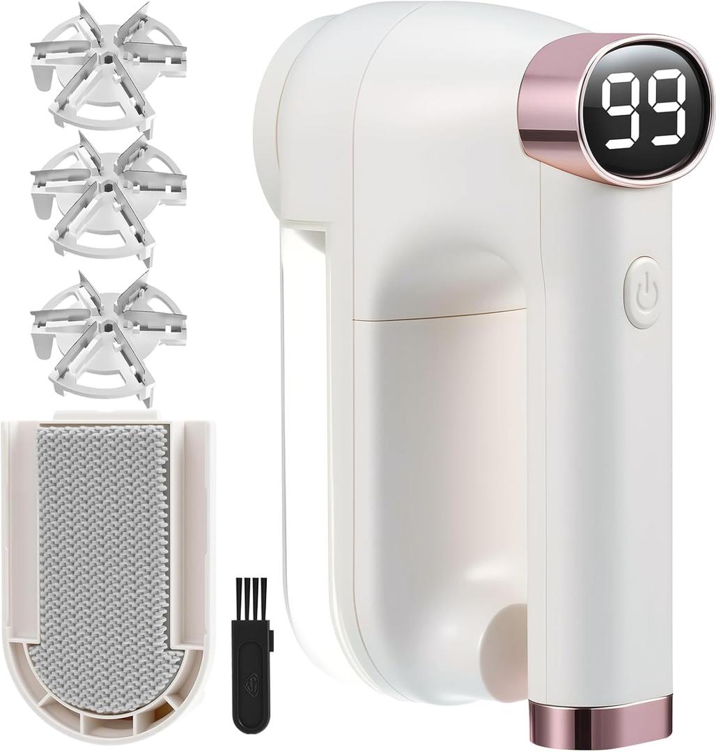 Fabric Shaver, Lint Shaver with Lint Brush, 3-Speed Sweater Shaver to Remove Pilling for Clothing, 6 Leaf Blade, LED Display, Electric Lint Remover for Furniture, Blanket, Couch (Beige)