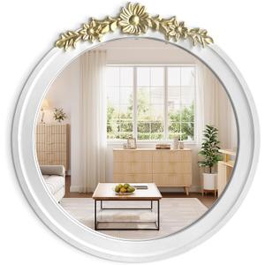 White Round Wood Mirror 28 Inch, Large Rustic Boho Coastal Wall Decor with White Wood Frame and Gold Metal Carved Accents, Farmhouse Decorative Mirror for Entryway, Bedroom, Living Room, Bathroom