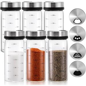 Kingrol 6 Pack Glass Spice Jars, 7 oz Salt and Pepper Shakers with Adjustable Pour Holes - for Seasonings, Herbs, Powders, Glitters