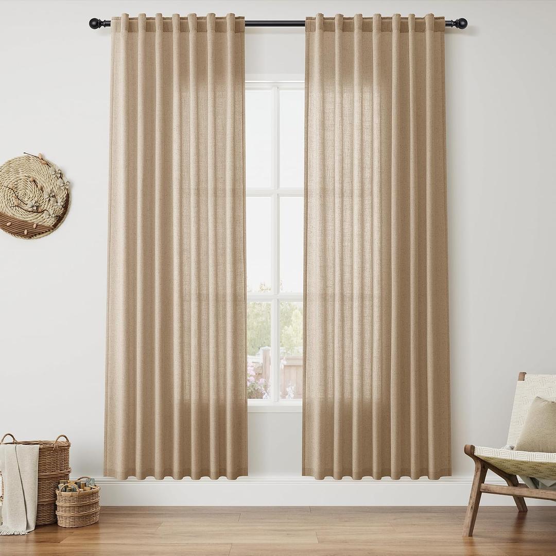 Sand Beige Linen Curtains 80 Inch Length for Living Room Simple Modern Light Filtering Semi Sheer Curtain Back Tab Rustic Farmhouse Luxury Home Decor Drapes for Bedroom Dinner Room 52x80, 2 Panels
