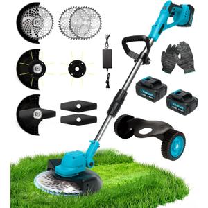 2025 Weed Wacker Cordless,1200W Brushless Electric Weed Eater with Removable Wheels Brush Cutter, 3 Blade Types Cordless Weed Eater, 2X 4.0Ah Batteries & Battery Indicator for Lawn & Garden