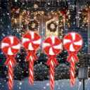4LED Solar Christmas Pathway Lights Solar Powered Lollipop Garden Lights Decorations Christmas Peppermint Waterproof Outdoor Light Red and White for Yard Deck Lawn Patio Walkway Courtyard(1Pack)