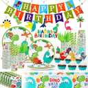 Tessco 193 Pcs Dinosaur Birthday Party Supplies Includes Plates Cups Napkins Banner Knives Fork Spoon Tablecloth Cupcake Toppers Straw Swirls for Boys Dino Birthday Party Decoration, Serves 20 Guests
