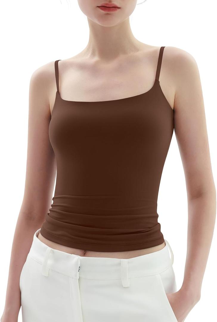 PUMIEY Women's Square Neck Tank Top Adjustable Spaghetti Straps Sleeveless Basic Tops Sharp Collection (Large, Chocolate)
