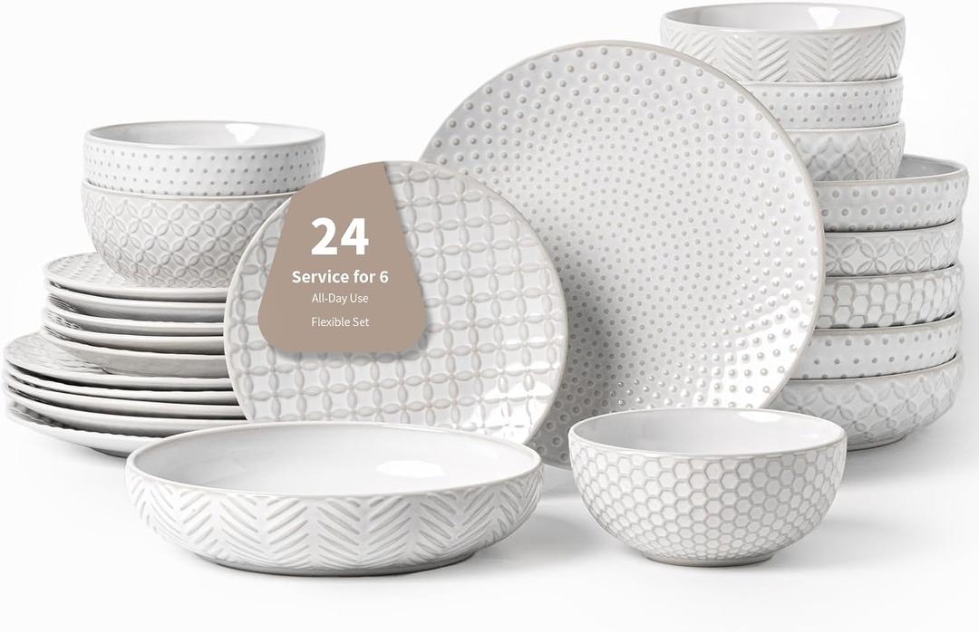 24-Piece Ceramic Dinnerware Set,Large Plates and Bowls Set for 6,Elegant Dish Set for Families & EntertainingMicrowave & Dishwasher Safe Tableware (Double Bowl) (Mixed Embossment)