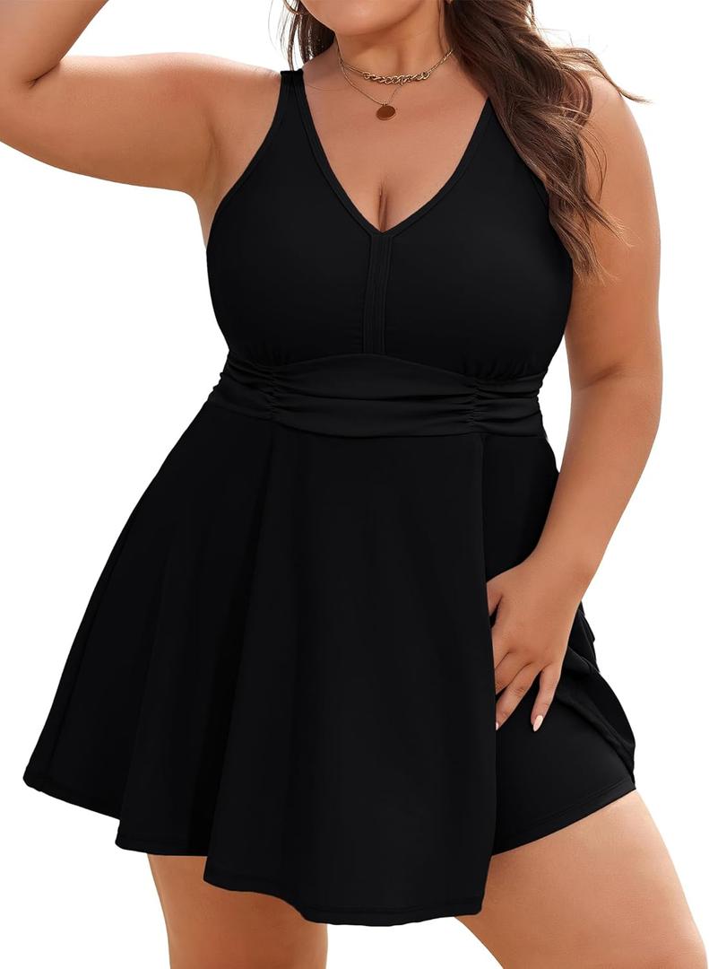 Arolina Modest Swimsuits for Women Full Coverage Tankini Bathing Suit Curvy Swim Dress Swimwear with Shorts Black 22W