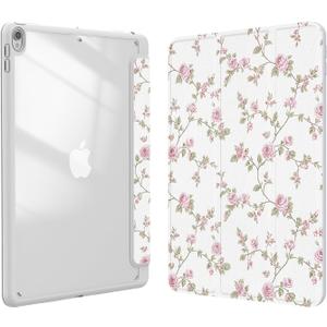 Case for iPad pro 10.5 inch 2017/ iPad Air 3rd Generation 2019, Case with Pencil Holder, Stand Clear Back Cover Cute Cool Design for Women Girls, Auto Sleep/Wake, Pink Flower