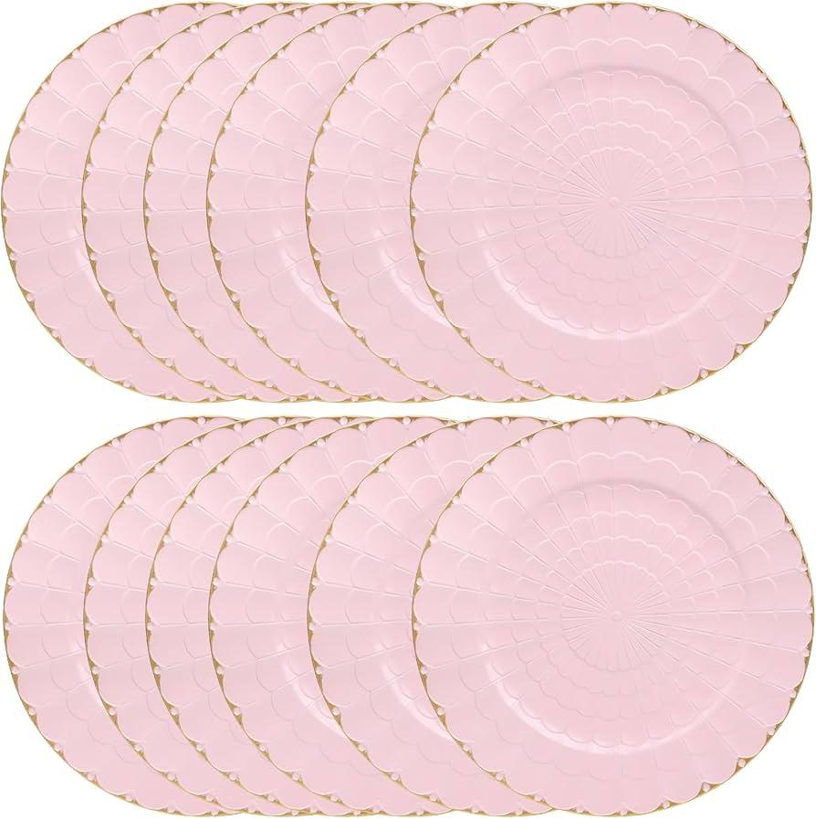 Omuriko Pink Chargers Plates Set of 12, Plastic Decorative Charge Plates for Dinner, Table Setting, Holiday, Thanksgivng, Christmas