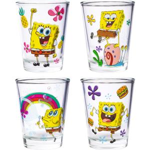 Silver Buffalo SpongeBob SquarePants Featuring Gary Poses Floral Krabby Patty 4 Pack Mini Glass Set, 1.5 Ounces