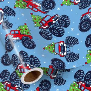 RUSPEPA Monster Truck Christmas Wrapping Paper Roll, Mini Roll, Red Truck with Christmas Tree and Snowflake, Blue Gift Wrap for Kids, Boys, Friends, Family, Xmas Holiday Gifts, 17 Inches x 16.4 Feet
