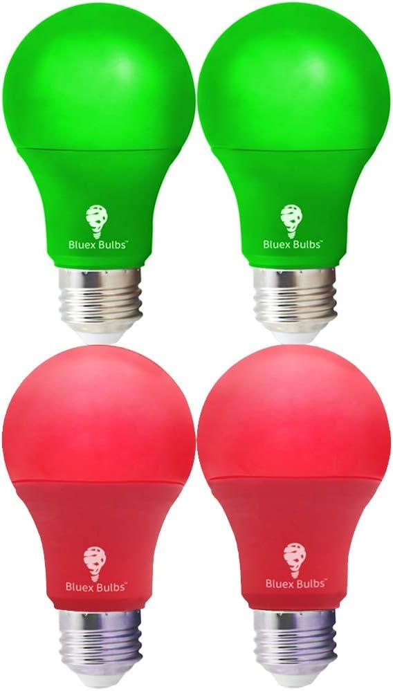 4 Pack LED Red and Green Light Bulbs - 120V E26 Base 9 Watt (60-watt Replacement) - Red and Green Bulbs for Party Decoration, Porch, Home Lighting, Christmas 4 Pack