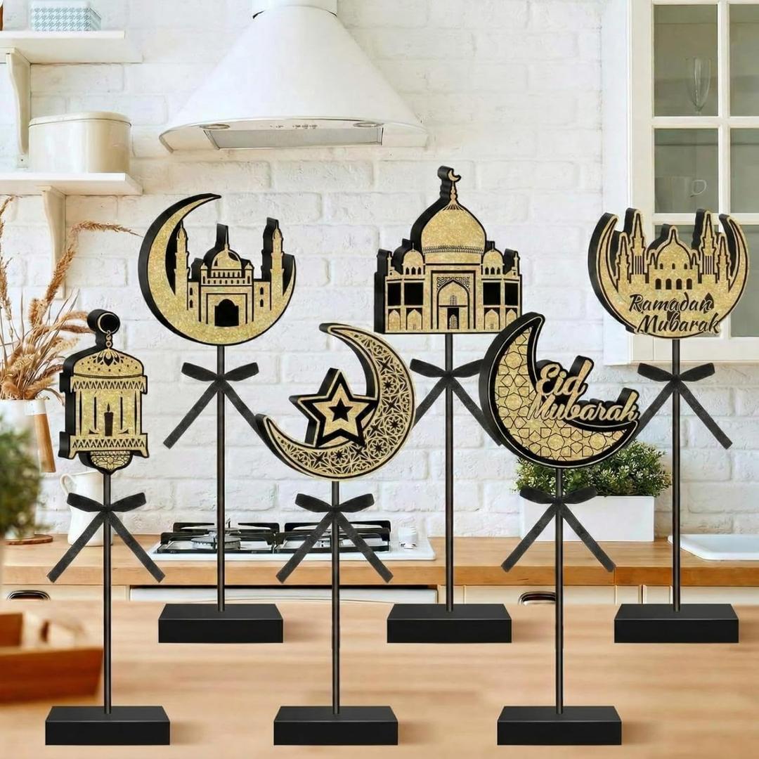 Briwooody 6 Pcs Ramadan Decorations Eid Mubarak Wooden Sign Set Moon Star Shape Tall Standing Islamic Ramadan Table Centerpiece Tabletop Decor Farmhouse Wood Block for Muslim Party Home Decorations