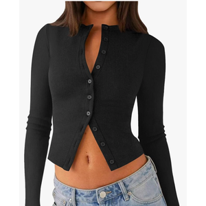 Womens Long Sleeve Tops Fall Lightweight Cardigan Cropped Going Out Shirts Ribbed Button Down Cute Trendy 2025 Size L
